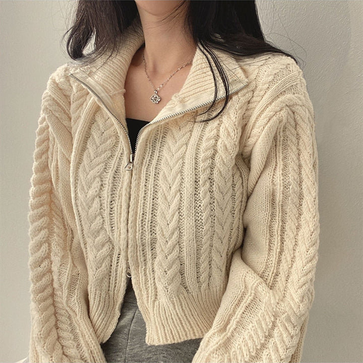 Damen Strickjacke mit Zipper und Kabelmuster Drune