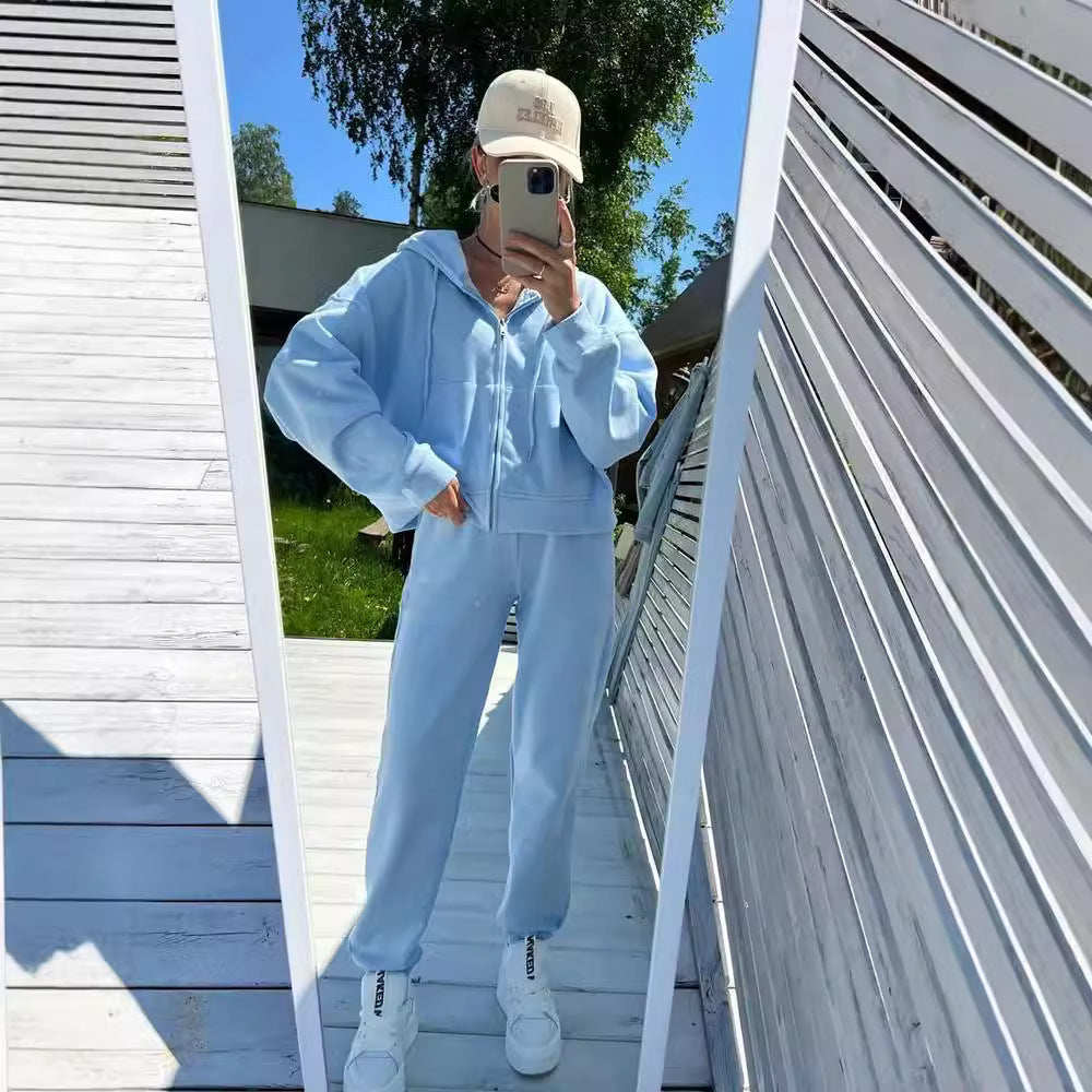Damen lässiges Kapuzen-Sweatshirt und Jogginghose Set in Oversize-Passform mit Reißverschluss und Kängurutasche Drune