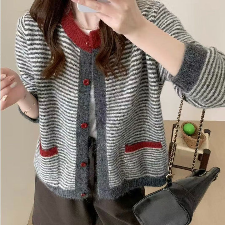 Damen lässiger Cardigan mit gestreiftem Design und modernen Taschen Drune