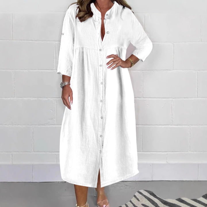 Damen Lockere Empire Midi Hemdkleid im Leinenlook mit Stehkragen und 3/4 Ärmeln Drune