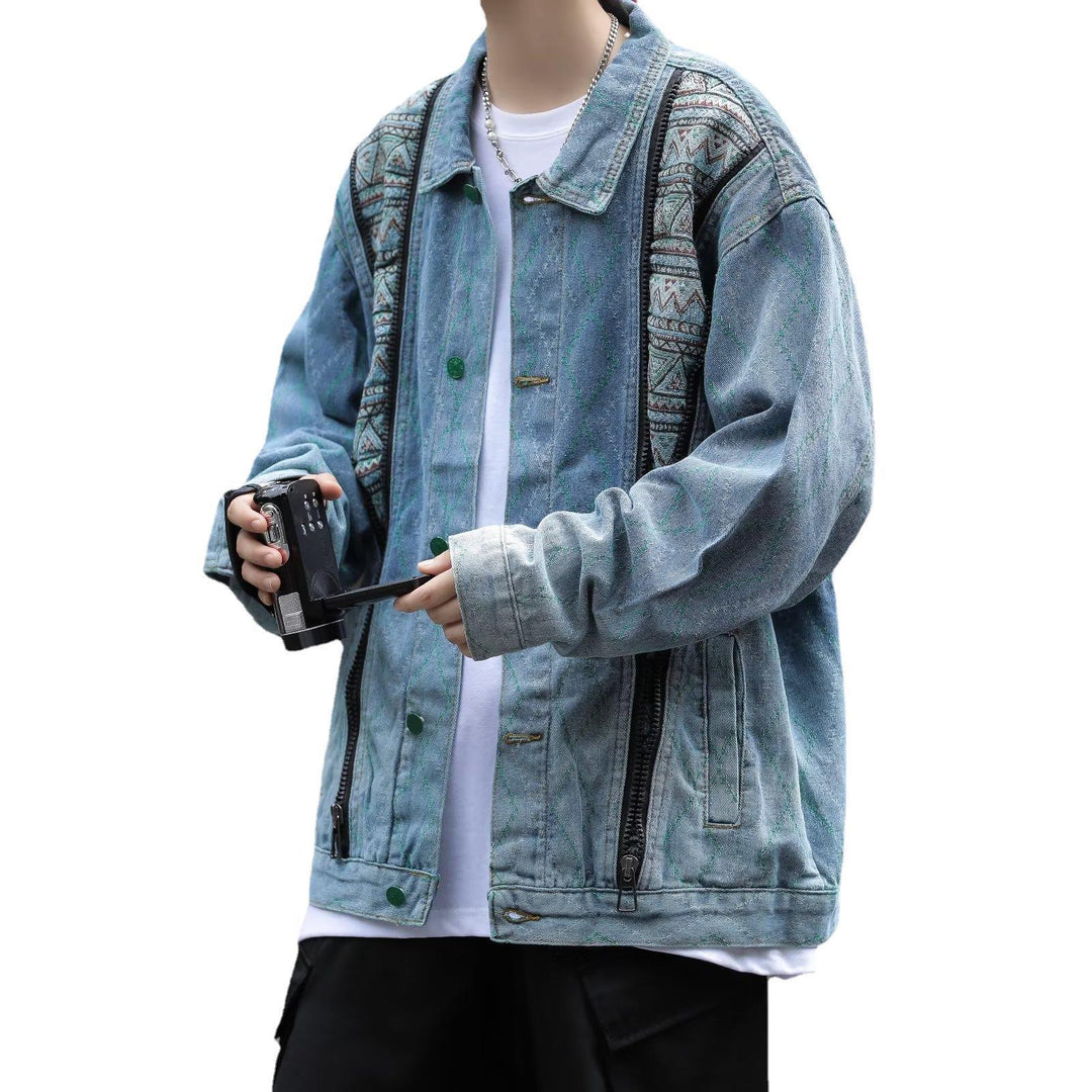 Herren Denim-Jacke mit buntem Ethno-Design und praktischen Reisverschlüssen Drune