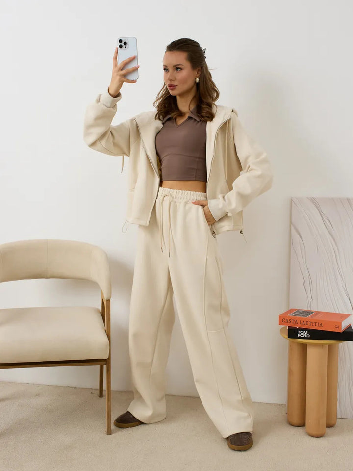 Damen Oversize-Zip-Hoodie mit Kängurutasche und hochgeschnittener Sweathose mit weiter Beinführung Set Drune