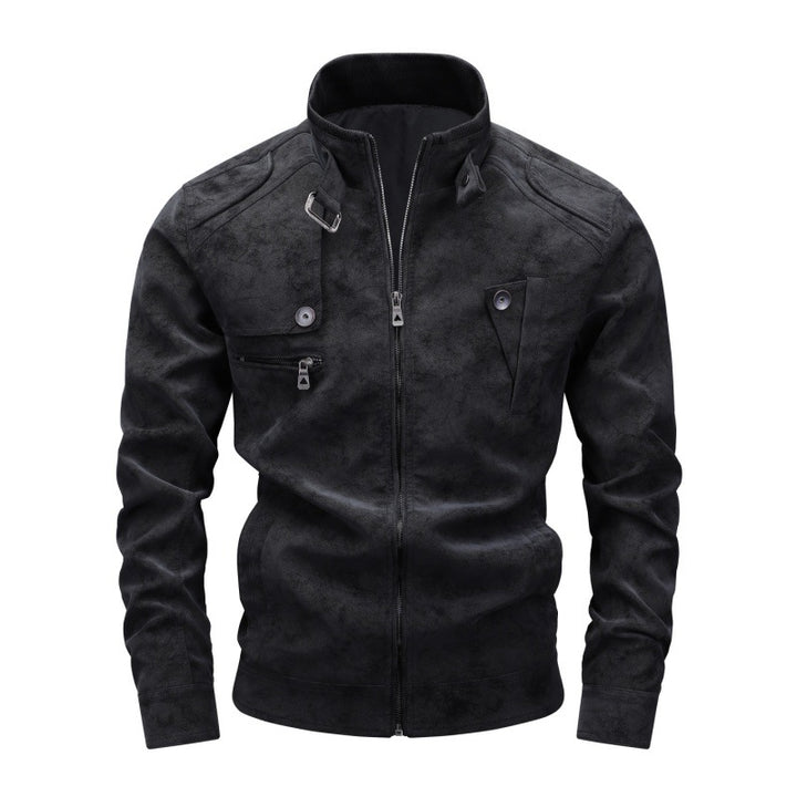 Herren Bikerjacke aus Lederimitat mit Stehkragen und modischen Brusttaschen Drune