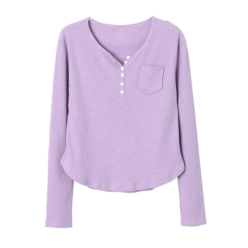 Damen Langarm-Henley-Shirt mit Knopfdetails und feiner Rippstruktur Drune