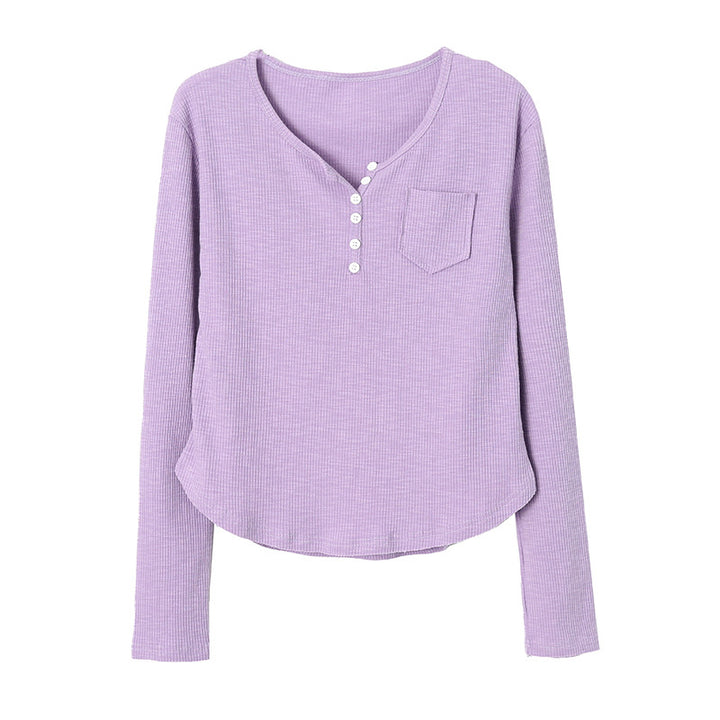 Damen Langarm-Henley-Shirt mit Knopfdetails und feiner Rippstruktur Drune