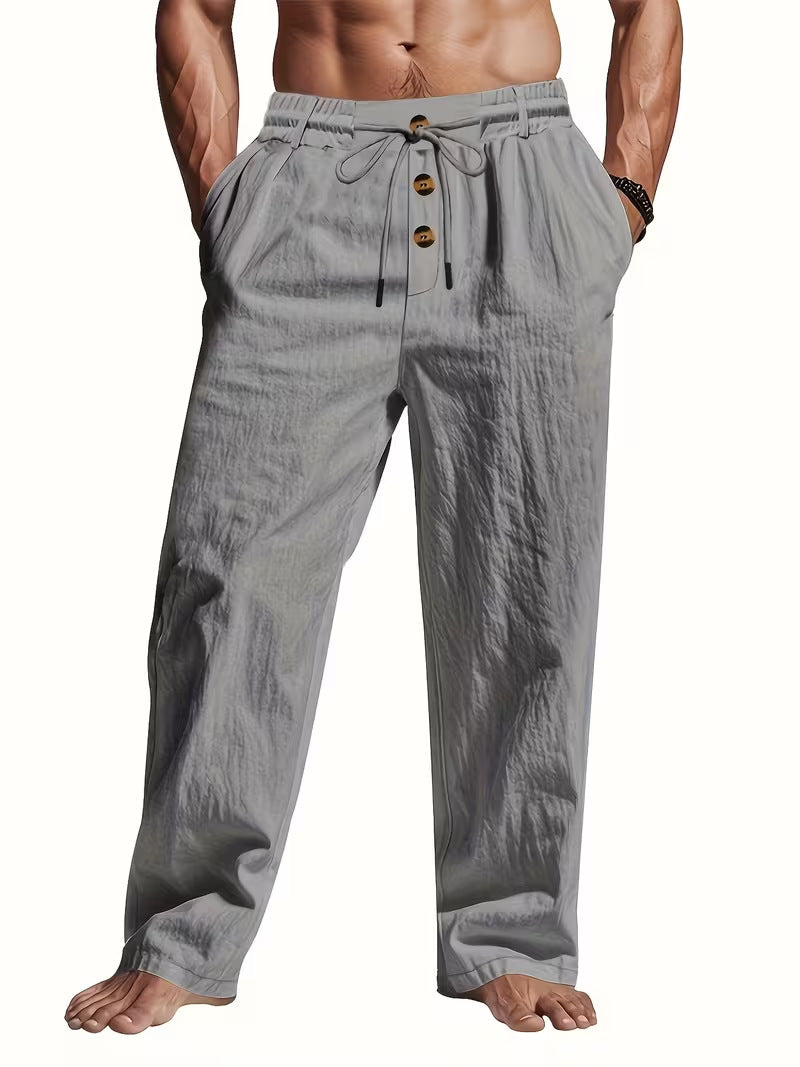 Herren Bequeme Strandhose mit Kordelzug und Holzknöpfen Drune