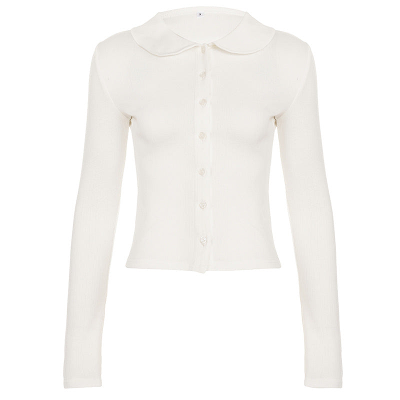 Damen Langarm-Crop-Top mit stilvollem Kragen und Knopfleiste Drune