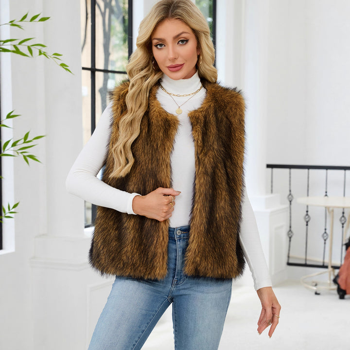 Damen Flauschige Kunstpelzweste mit voluminösem Kragen Drune