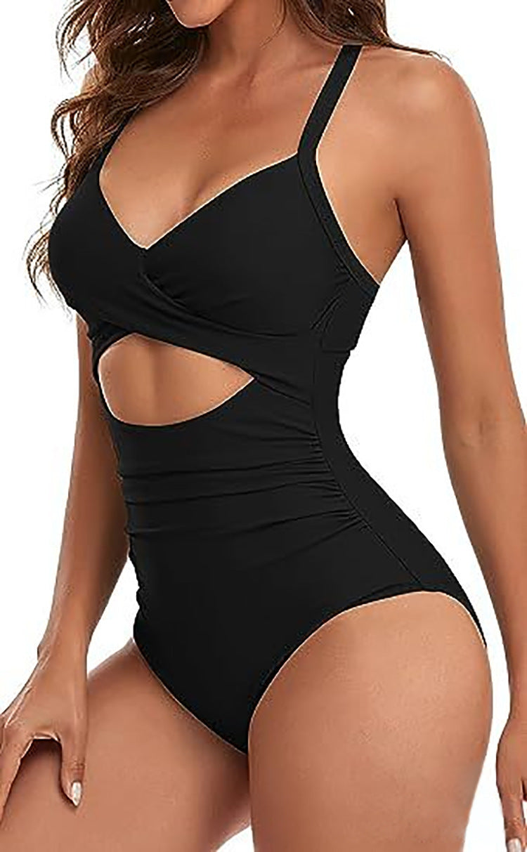 Damen Einteiler Badeanzug mit stylischem Wickeldesign und raffinierten Kreuzträgern Drune