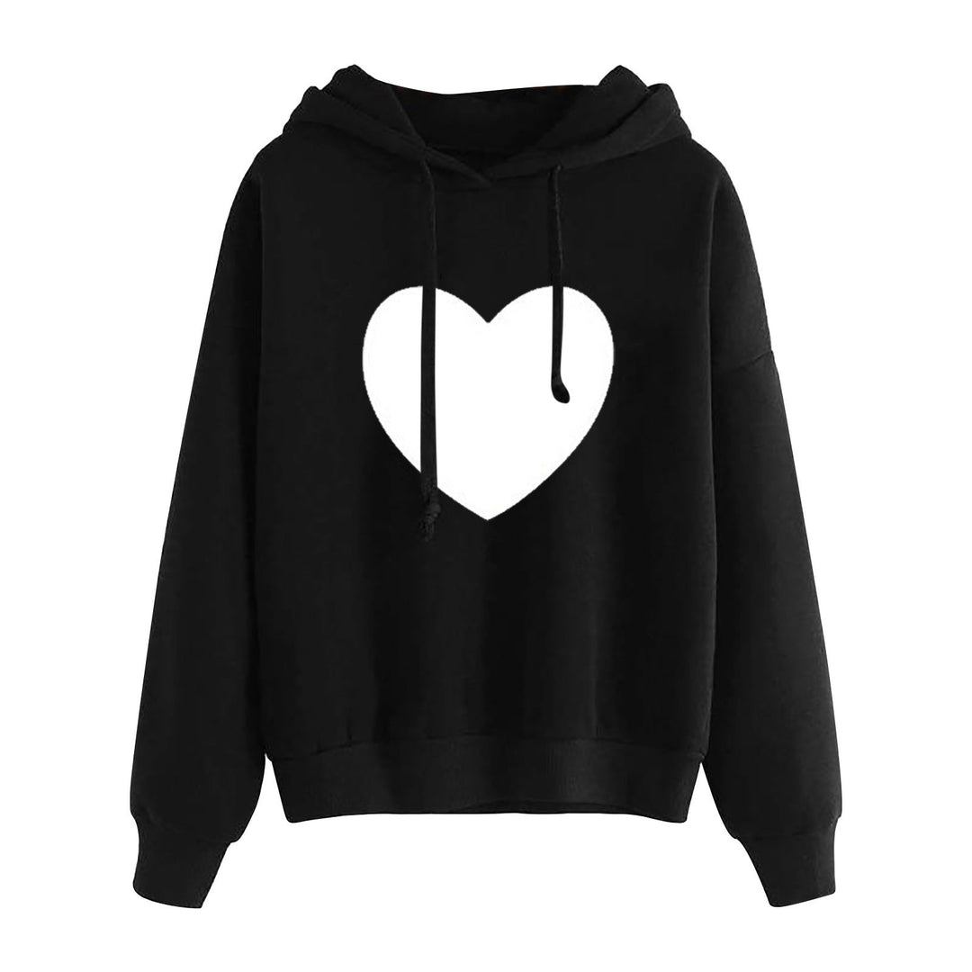 Damen nan leichter Oversize Kapuzenpullover mit Herz‑EKG‑Motiv, langen Kordeln und elastischem Bund Drune