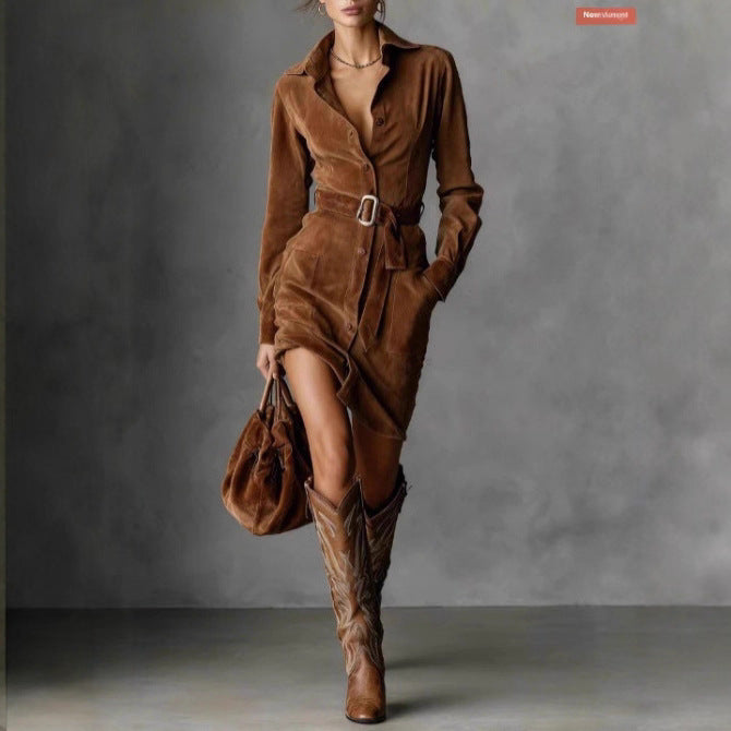 Damen Hemdblusenkleid mit tailliertem Gürtel und seitlichen Taschen Drune