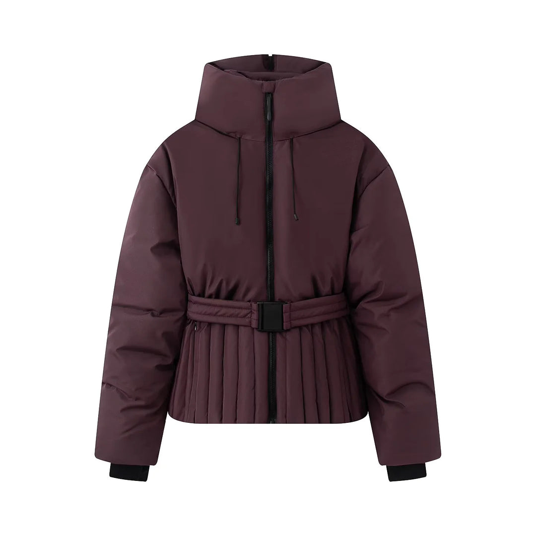 Damen nan gesteppte Taillen-Steppjacke mit hohem Kragen, Taillengürtel und Plissee-Saum Drune