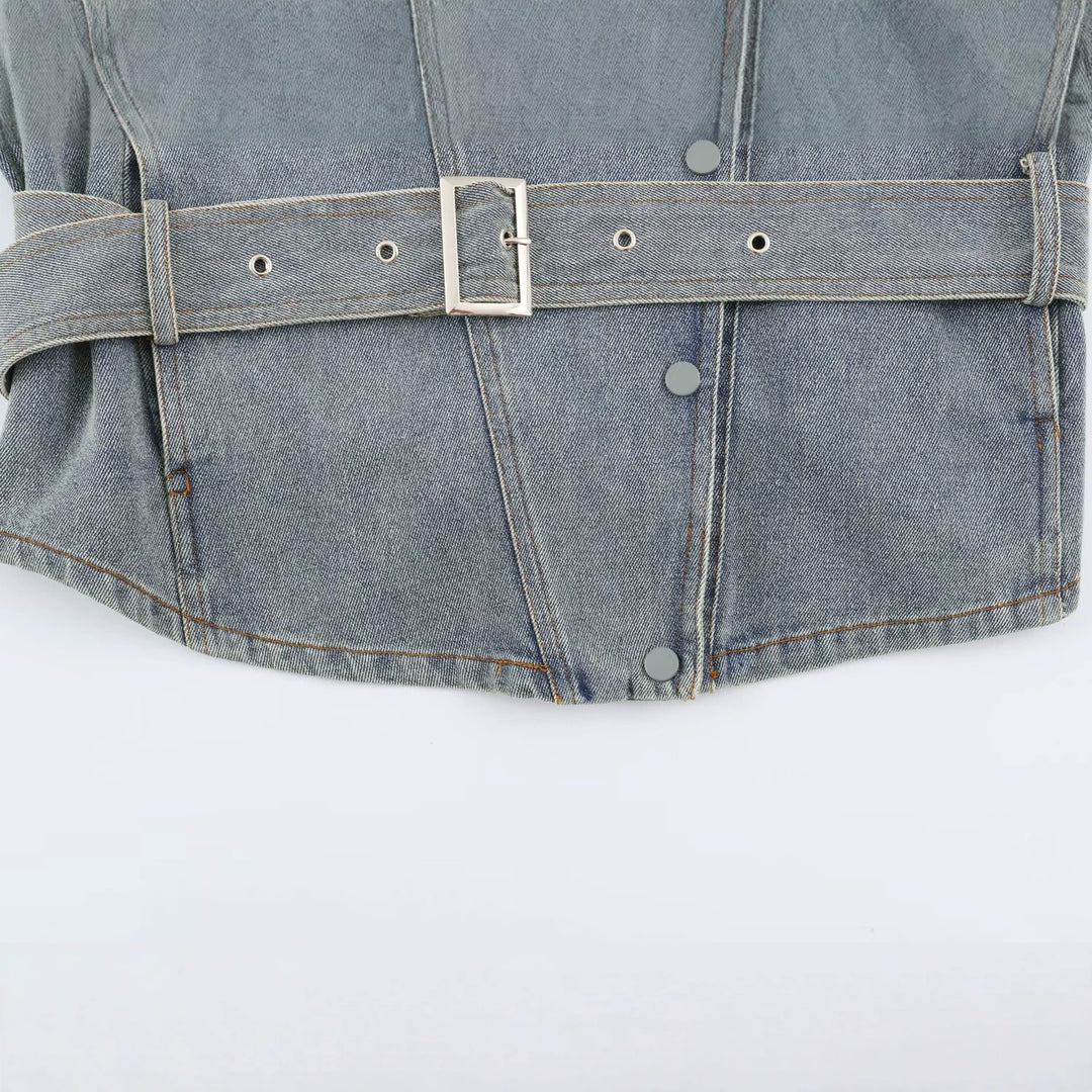 Damen Jeansjacke mit Taillengürtel und asymmetrischer Druckknopfleiste Drune