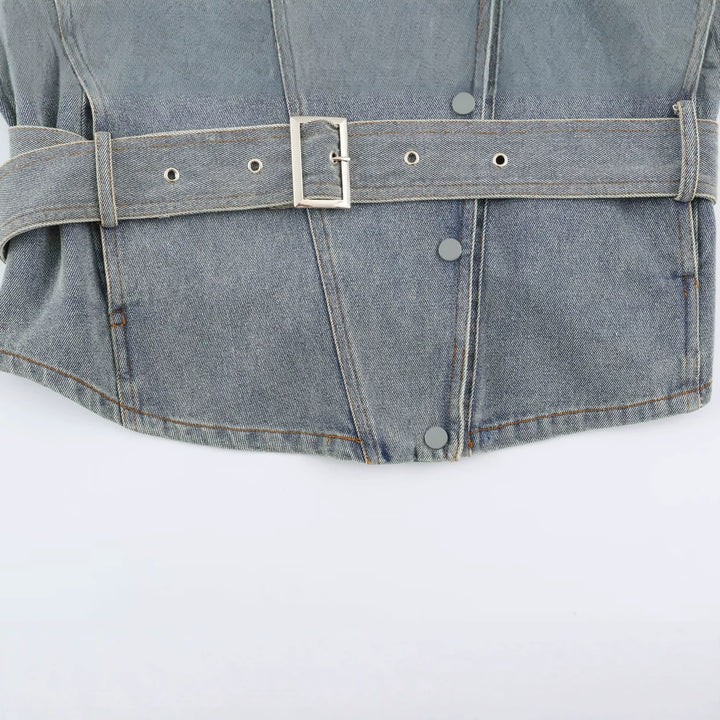 Damen Jeansjacke mit Taillengürtel und asymmetrischer Druckknopfleiste Drune