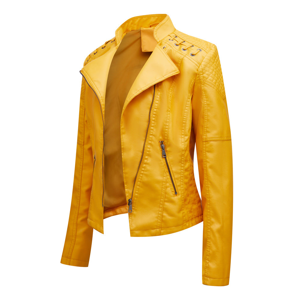 Damen nan taillierte Kunstleder-Bikerjacke mit gesteppter Schulterpartie, asymmetrischem Reißverschluss und Zierösen Drune