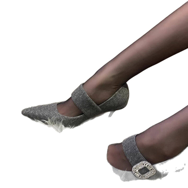 Damen Elegante spitz zulaufende Mary-Jane-Pumps mit Wollfilz-Optik, schmalem Stiletto und Kristall-Schnalle Drune