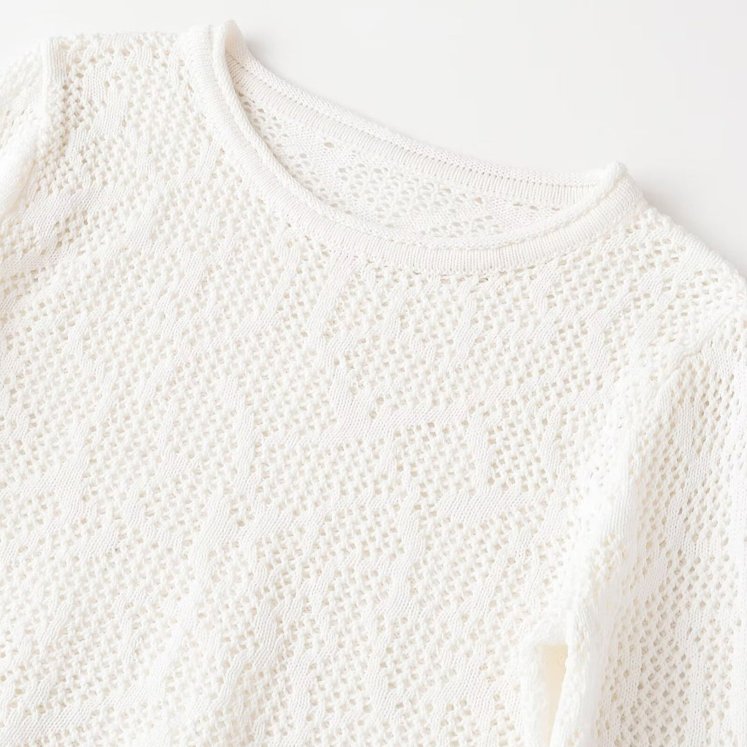 Damen Kurzgeschnittenes Ajour-Strick-Crop-Top mit Rundhalsausschnitt und leicht ausgestellten Ärmeln Drune