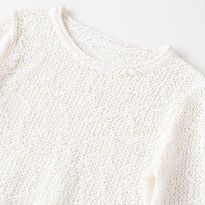 Damen Kurzgeschnittenes Ajour-Strick-Crop-Top mit Rundhalsausschnitt und leicht ausgestellten Ärmeln Drune