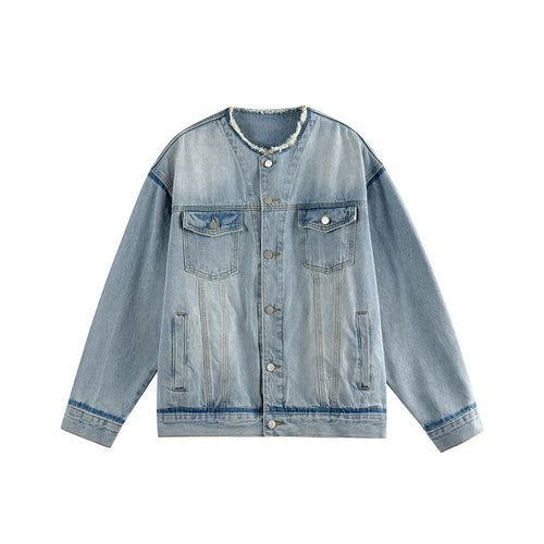 Herren Oversize-Denimblouson ohne Kragen mit rohem Halsausschnitt und Pattentaschen Drune