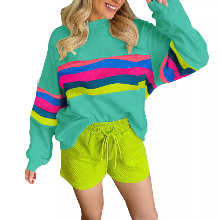 Damen lässiges Oversized-Sweatshirt mit bunten Streifen und tieferem Rundhalsausschnitt Drune