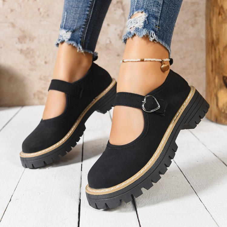 Damen Riemchen‑Slipper im Mary‑Jane‑Stil mit grober Profilsohle und Herzschließe Drune