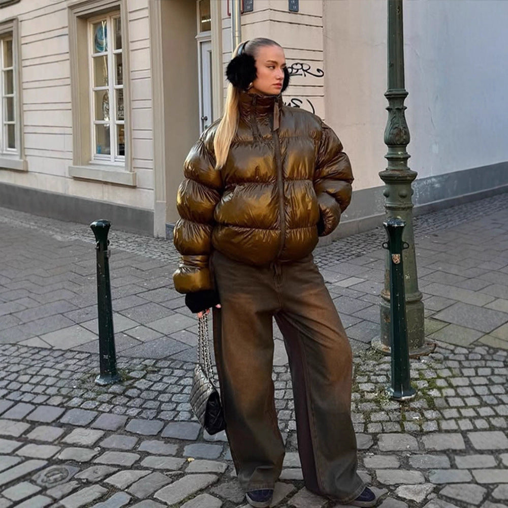 Damen Glänzende Oversize-Steppjacke mit Kapuze und hohem Stehkragen Drune