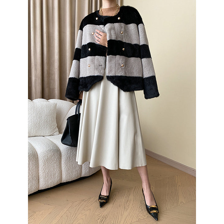 Damen modische Kunstpelzjacke mit gestreiftem Design und eleganten Druckknöpfen Drune