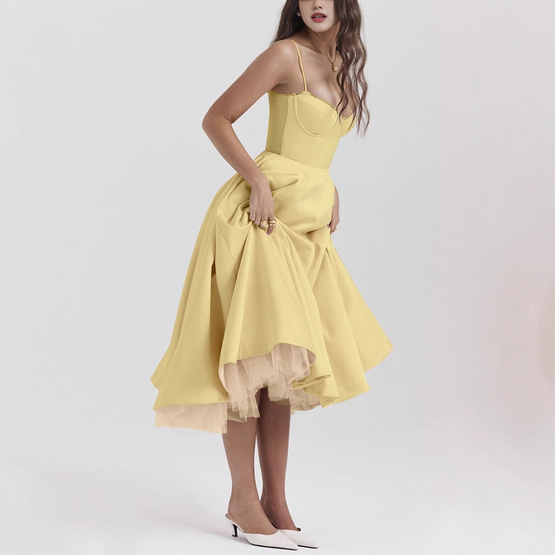 Damen nan tailliertes retro-inspiriertes Midikleid mit Korsage Unterbrustnähten Tellerrock und Eingrifftaschen Drune