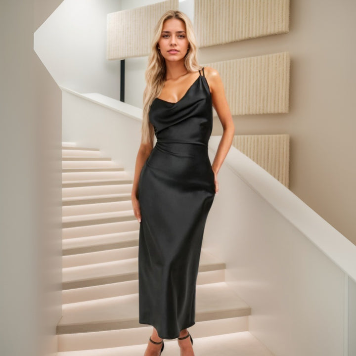 Damen elegantes Maxikleid mit fließendem Cowl-Ausschnitt und schmaler Silhouette Drune