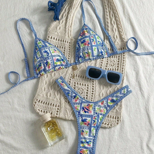 Damen Triangel-Bikini mit floralem Motiv und verstellbaren Trägern Drune