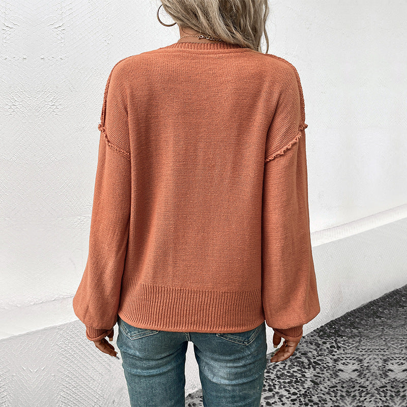 Damen Eleganter Pullover mit V-Ausschnitt und Ballonärmeln Drune