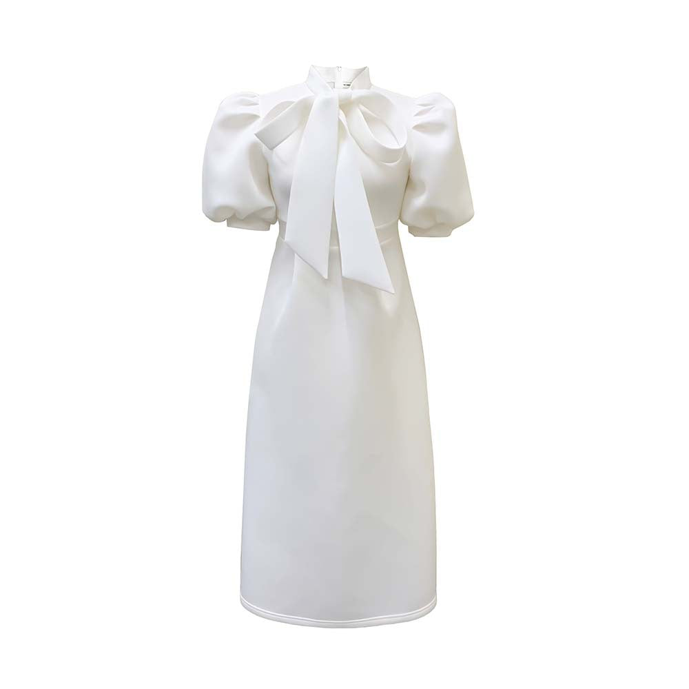 Damen Elegantes Midi-Kleid mit Puffärmeln und Bindegürtel Drune