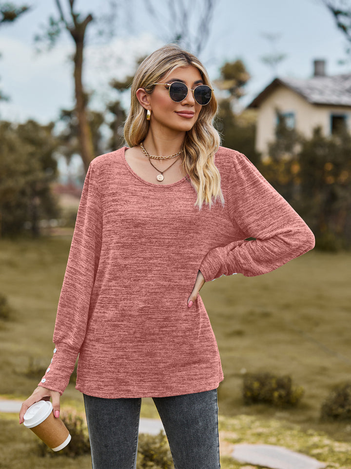 Damen Lässiges Langarmshirt mit Knopfmanschetten und weitem Rundhalsausschnitt Drune