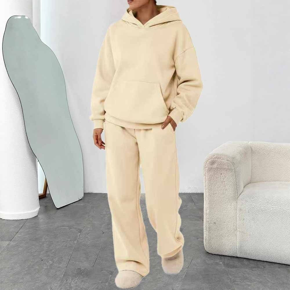 Damen nan zweiteiliges Freizeit-Lounge-Set mit Kapuzenpullover, Kängurutasche und gerader Loungehose aus weichem Baumwollmix Drune