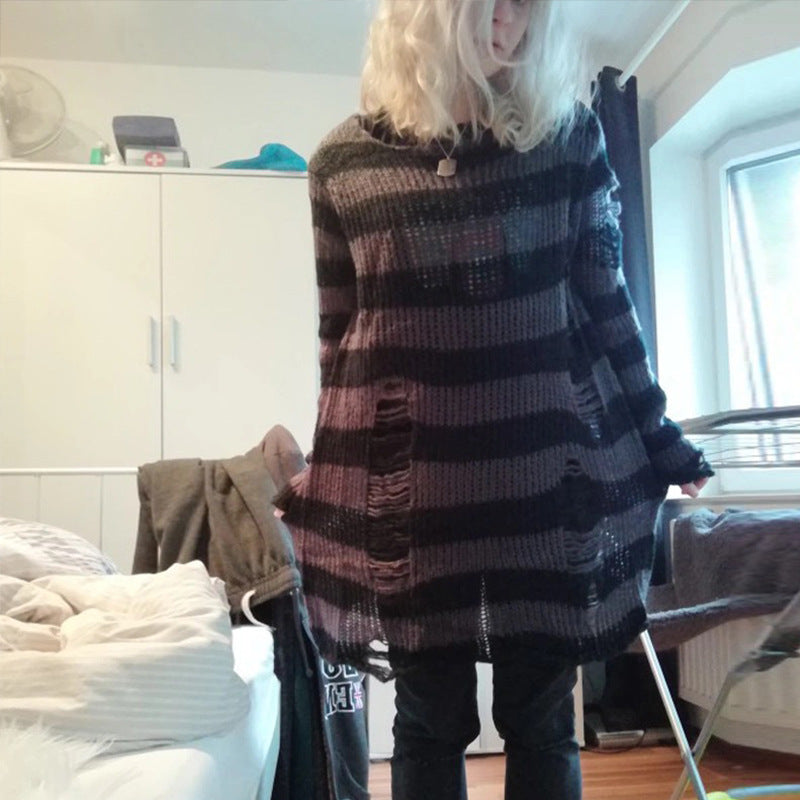 Damen nan Oversized Grobstrickpullover mit breiten Blockstreifen und aufgerissenem Design Drune