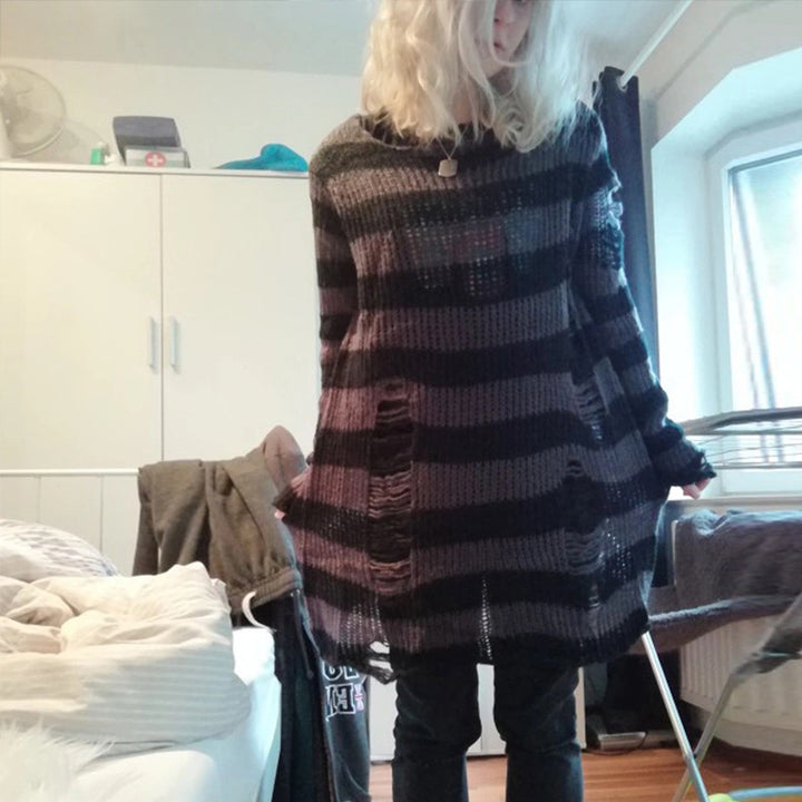 Damen nan Oversized Grobstrickpullover mit breiten Blockstreifen und aufgerissenem Design Drune