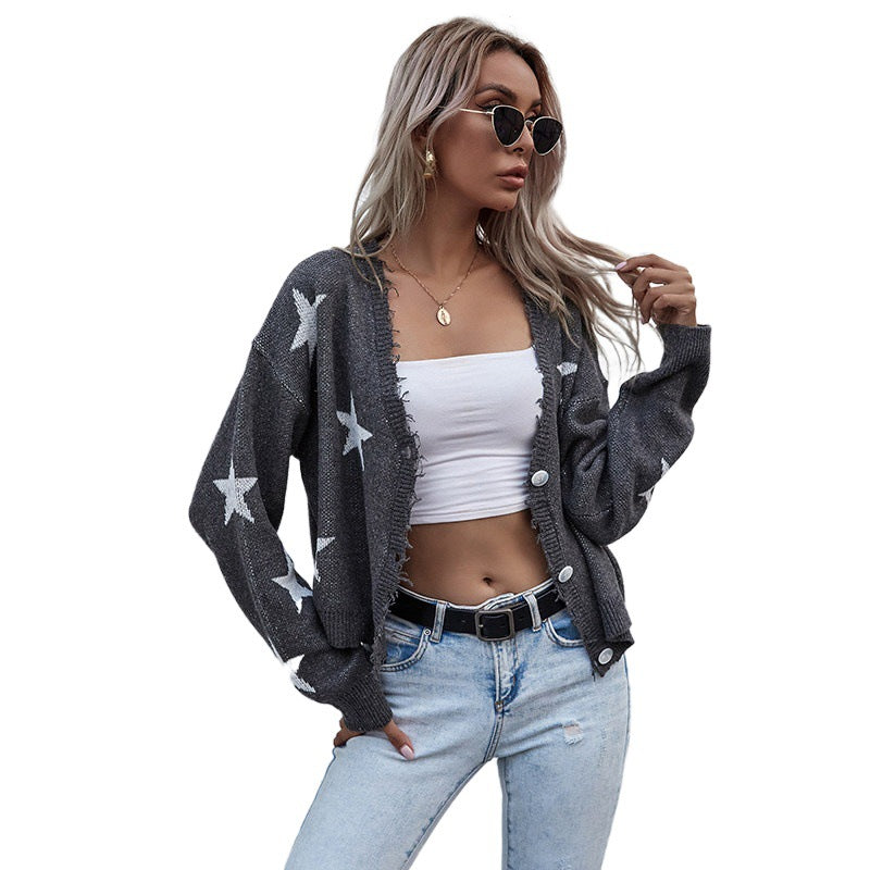 Damen Lässiger Cardigan mit Sternenprint und Knopfdetails Drune