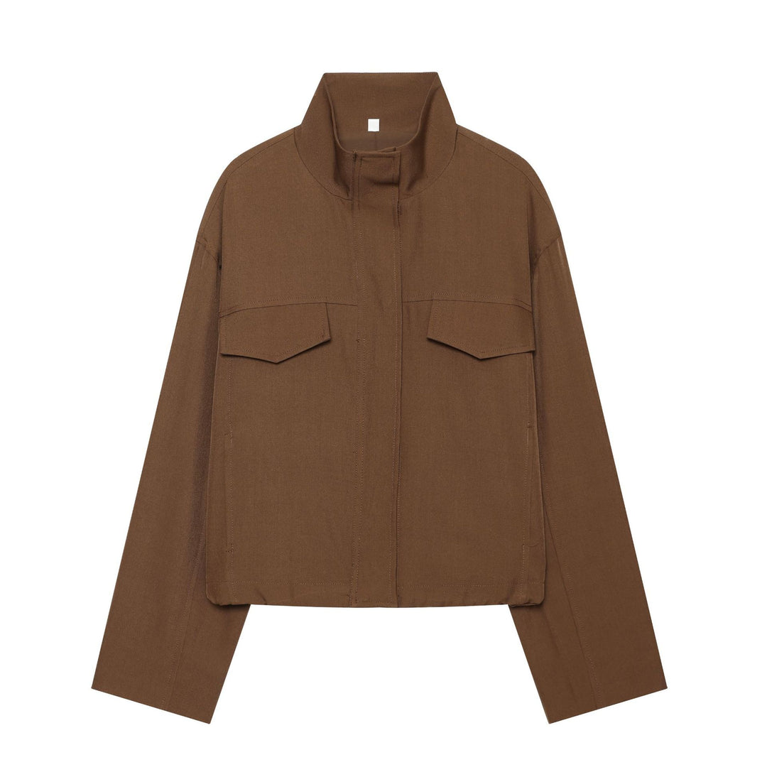Damen Kurze Boxy‑Fieldjacke im Worker‑Look mit hohem Stehkragen und Pattentaschen Drune