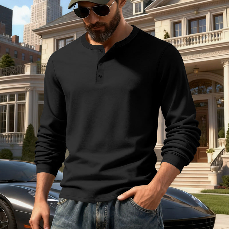 Herren nan tailliertes Langarm-Henleyshirt mit Stehkragen, feinem Baumwollstretch und Rippbündchen Drune
