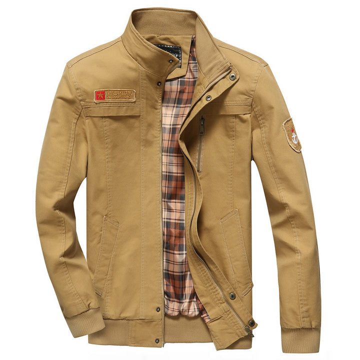 Herren Canvas-Bomberjacke mit kariertem Innenfutter, Stehkragen und Abzeichenapplikationen Drune