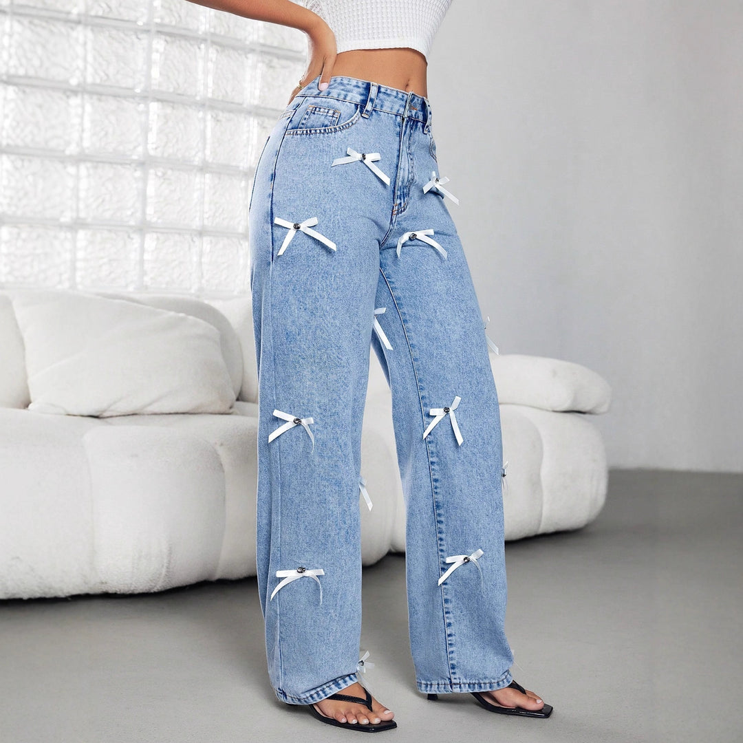 Damen weite Jeans mit dekorativen Schleifen und Knopfdetails Drune