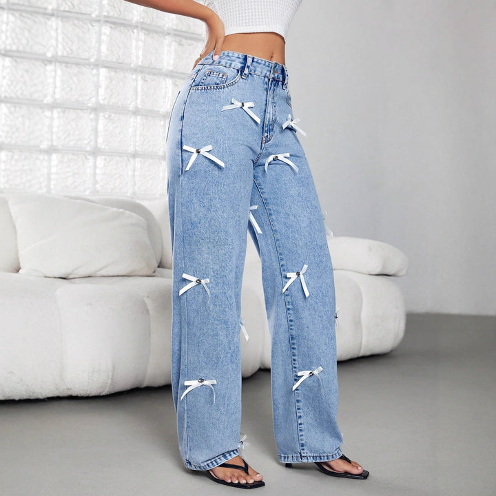 Damen weite Jeans mit dekorativen Schleifen und Knopfdetails Drune