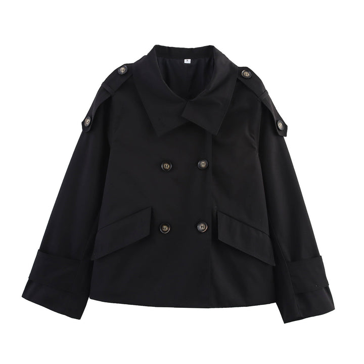 Damen nan kurzes doppelreihiges Trenchjacke im Boxy-Cut mit Schulterklappen, Pattentaschen und verstellbaren Manschetten Drune
