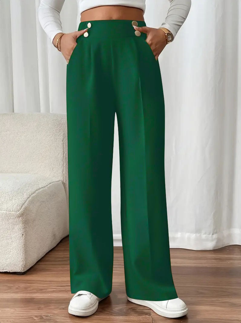 Damen Hochtaillierte Palazzo-Hose mit Zierknopfleiste, Bügelfalte und Eingrifftaschen Drune