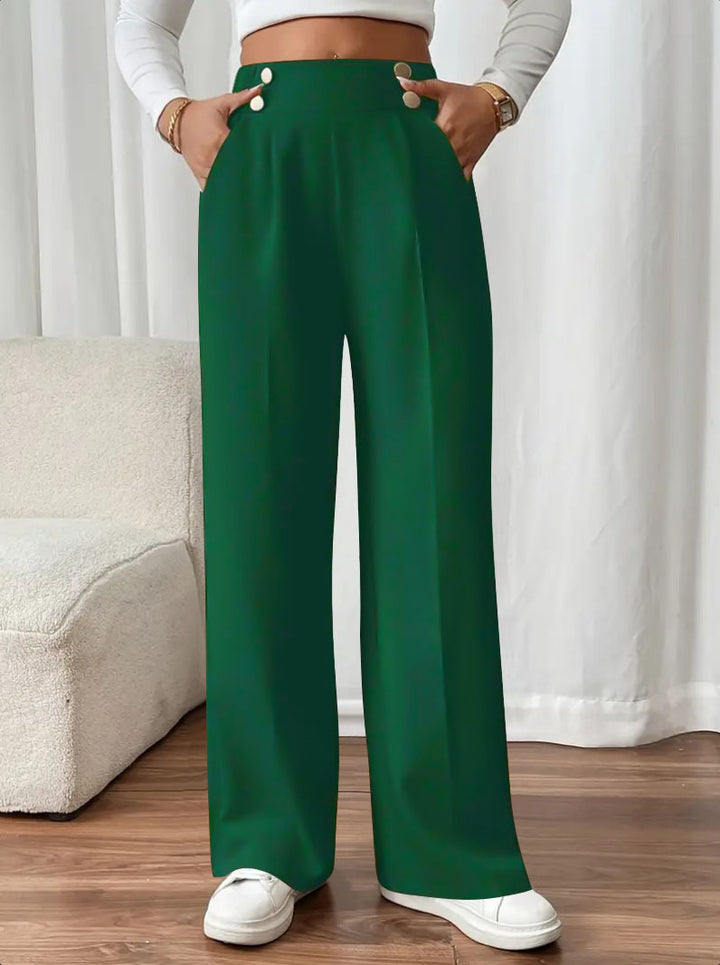Damen Hochtaillierte Palazzo-Hose mit Zierknopfleiste, Bügelfalte und Eingrifftaschen Drune