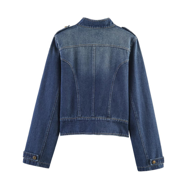 Damen Jeansjacke mit Stehkragen, Doppelreihen‑Druckknöpfen und Schulterklappen Drune