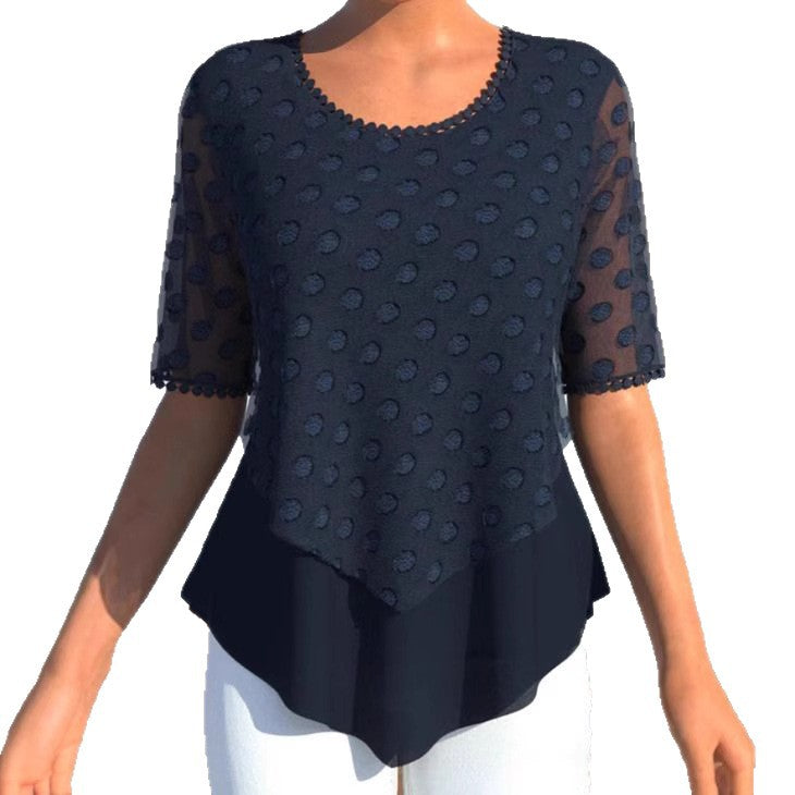 Damen nan elegante Lagenbluse mit transparentem Tüllüberzug, Pünktchenstruktur und asymmetrischem Zipfelsaum Drune