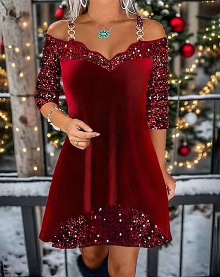 Damen nan schulterfreies Pailletten-Swingkleid mit zierlichen Ketten‑Trägern, halblangen Ärmeln und Volantbesatz Drune
