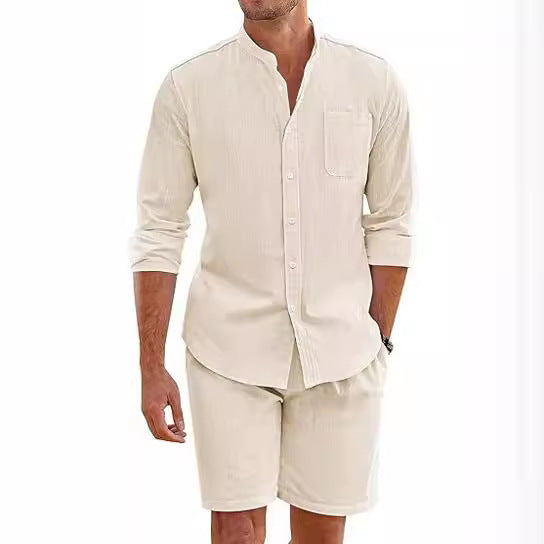 Herren nan Leinenoptik-Zweiteiler mit Stehkragen-Hemd, Brusttasche und legeren Shorts Drune