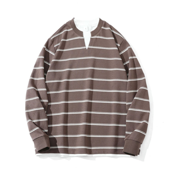 Unisex Gestreiftes Langarm-Sweatshirt mit V-Notch und Waffelstruktur Drune